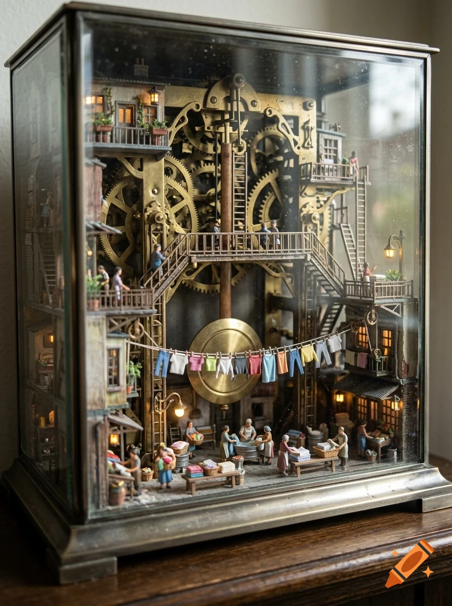 A detailed diorama inside a glass case featuring a miniature steampunk-style clockwork city with tiny figures, gears, and a central pendulum.