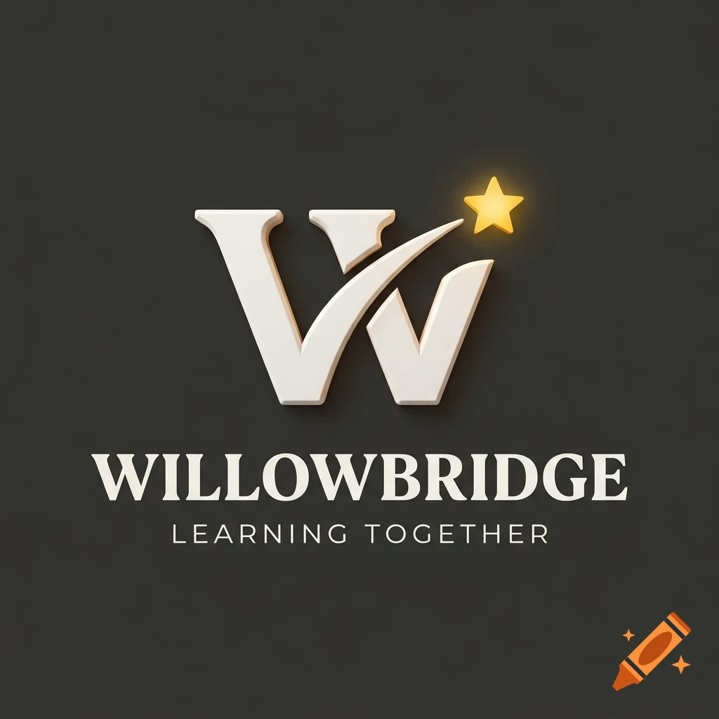 A logo for Willowbridge Learning Together featuring a white letter W intersected by a checkmark and accompanied by a glowing yellow star, on a dark background.