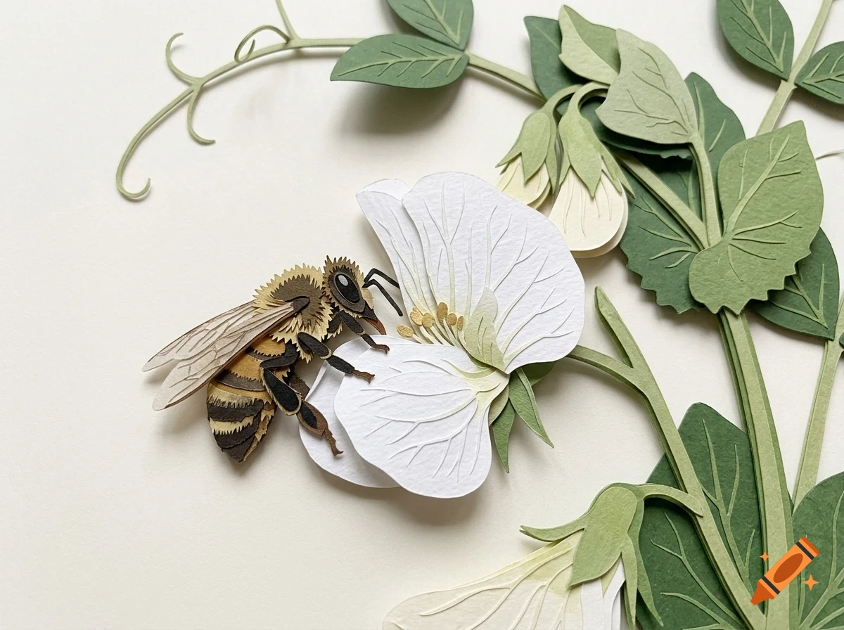 A detailed papercraft artwork of a bee on a white flower with green leaves and stems.