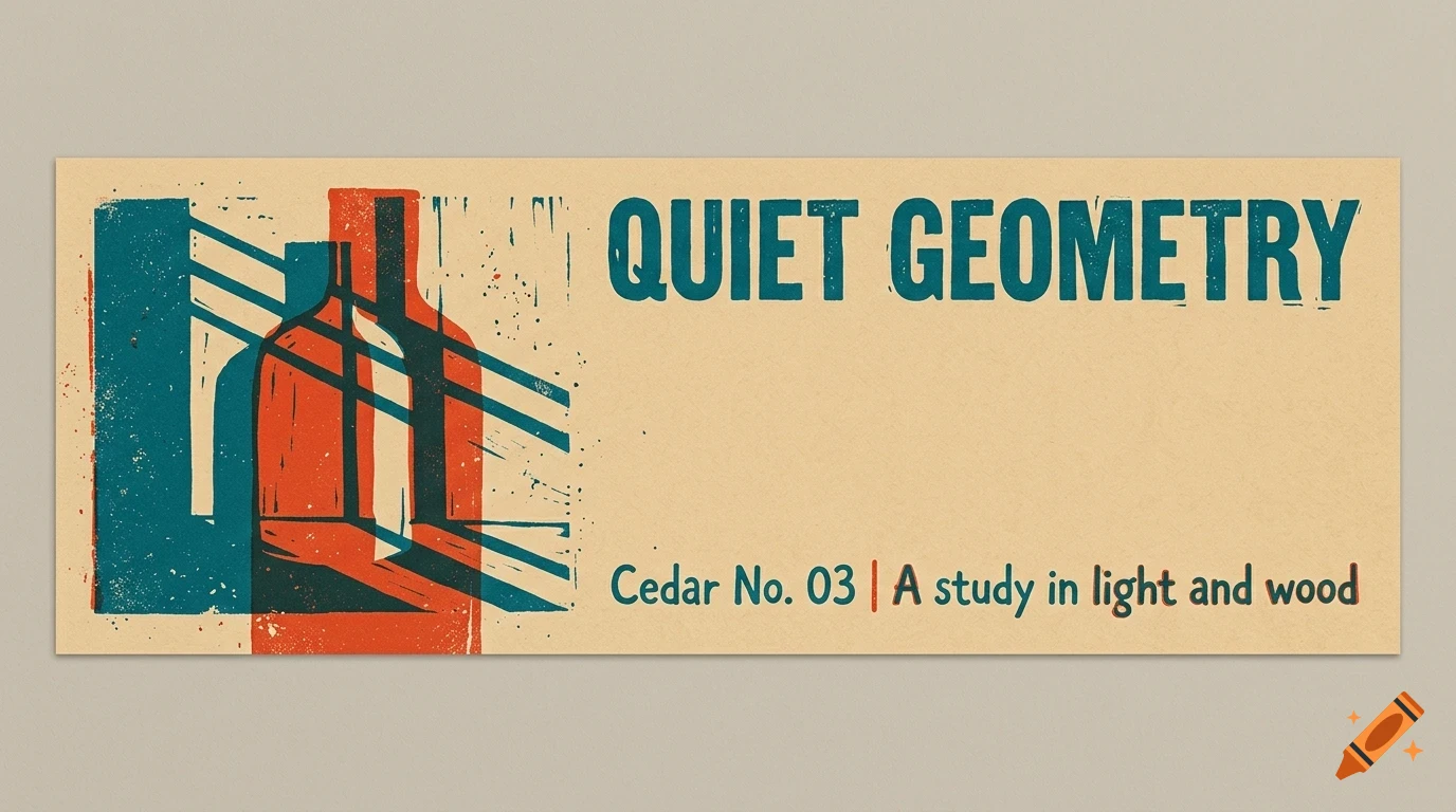 A graphic design print featuring an abstract bottle silhouette in teal and orange with the text QUIET GEOMETRY and Cedar No. 03 | A study in light and wood.