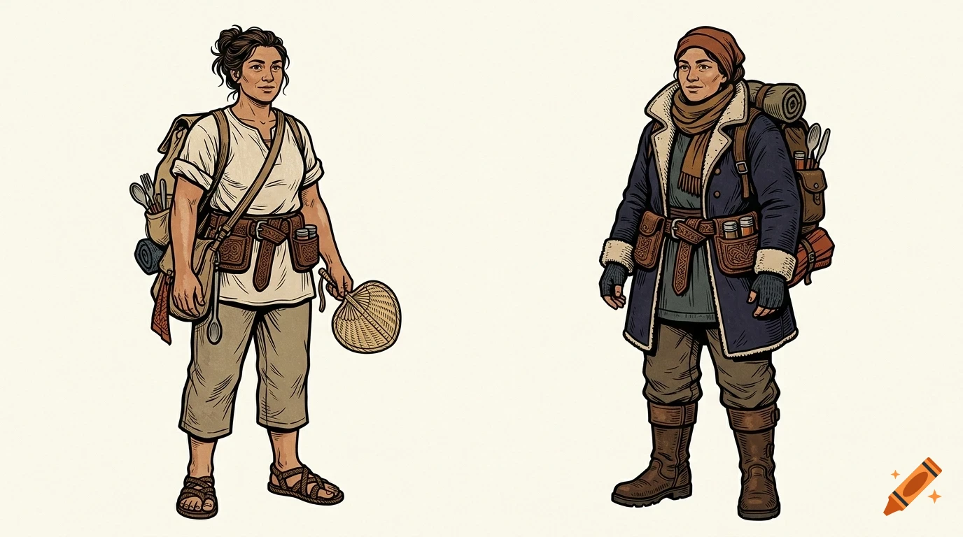 Illustration of two travelers with backpacks and outdoor gear against a plain background.