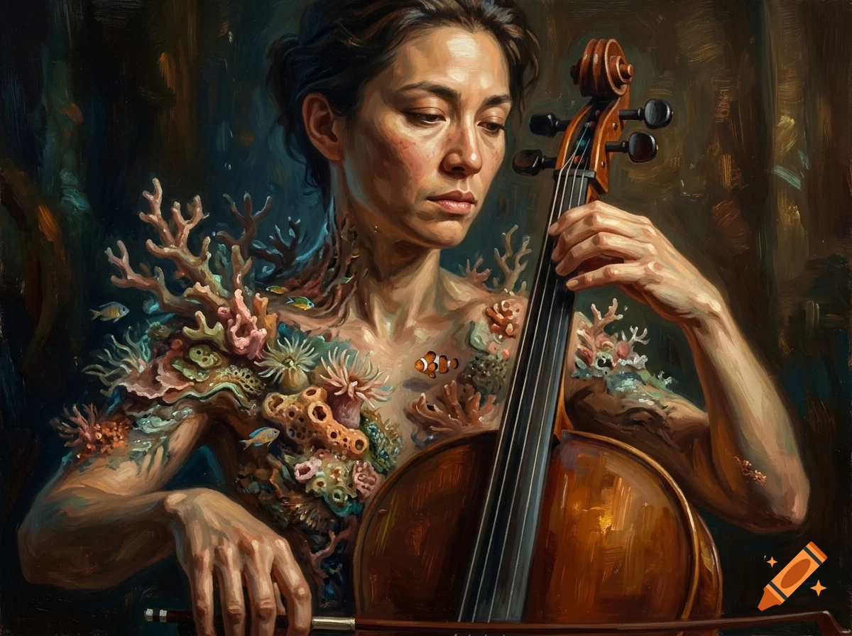 An oil painting of a woman playing a cello, her body overgrown with coral reef and sea life.