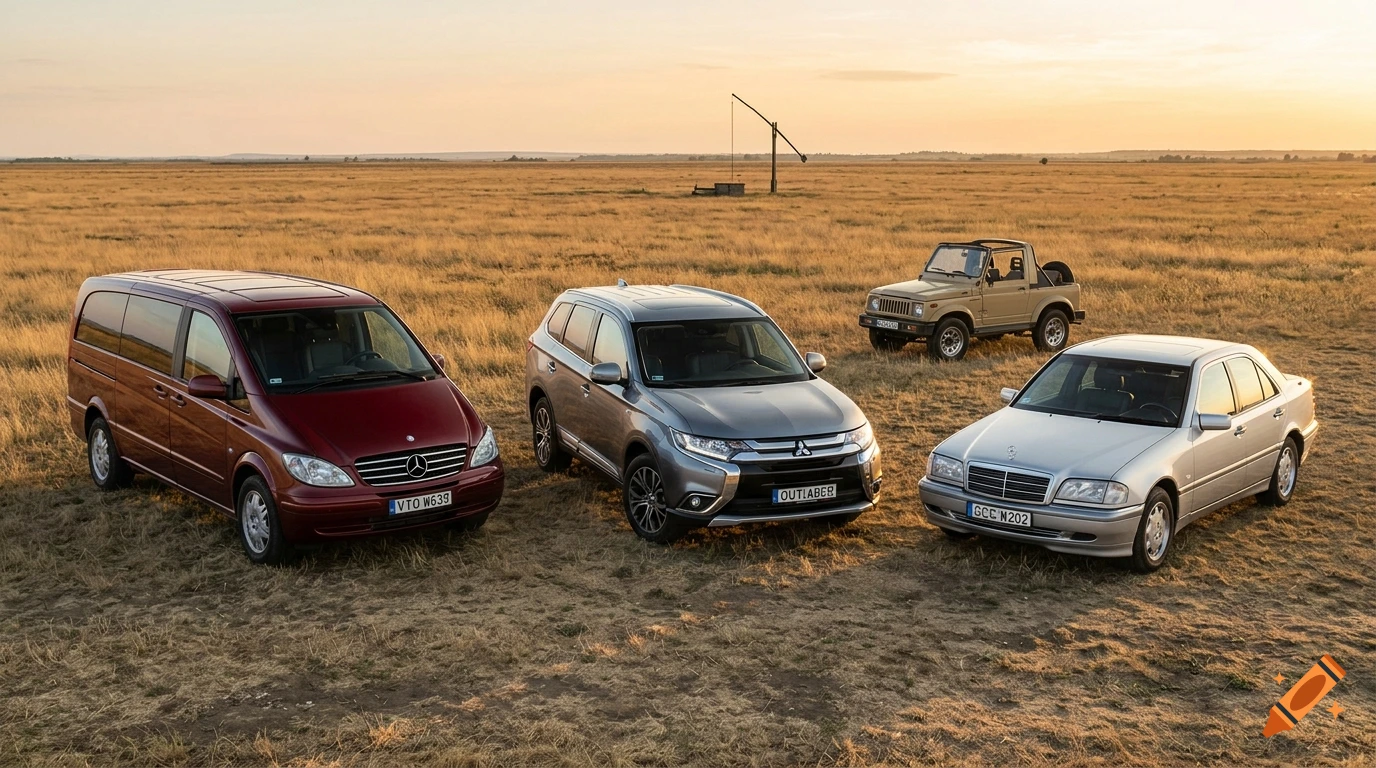 Photorealistic image of multiple cars parked in a grassy field during golden hour.