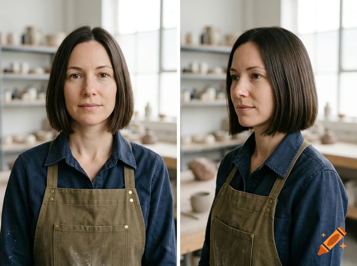 A woman with short dark hair wearing a blue shirt and an olive green apron, shown from the front and side in a pottery studio.