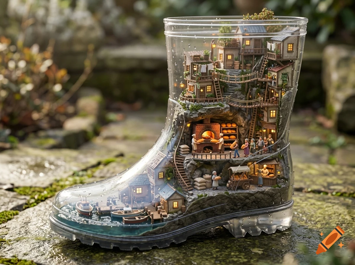 A detailed miniature village built inside a transparent rain boot, featuring tiny houses, a bakery with miniature people, and a small harbor with boats.
