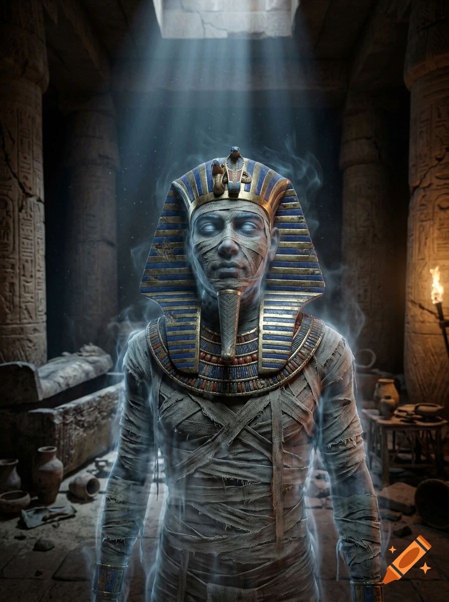 Photorealistic depiction of a glowing ghost pharaoh wrapped in linen with an ornate headdress standing inside a tomb.