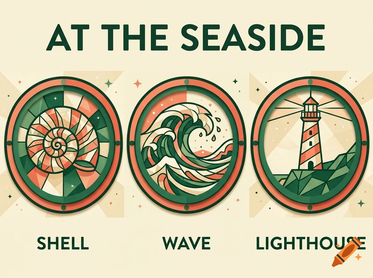 An illustrated design with the heading AT THE SEASIDE, featuring three circular panels depicting a shell, a wave, and a lighthouse, with labels below each.