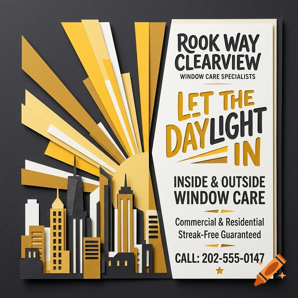 A stylized papercut design of a city skyline with a sunburst and text about window care.