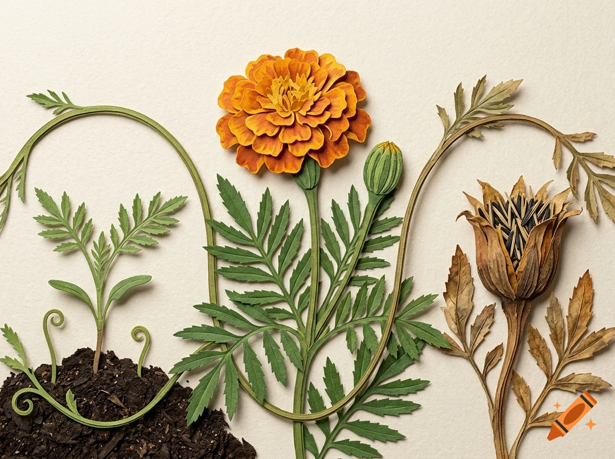 A detailed layered paper art illustration depicting the life cycle of a marigold flower, from a small seedling in soil to a full blooming orange flower and a dried seed pod.