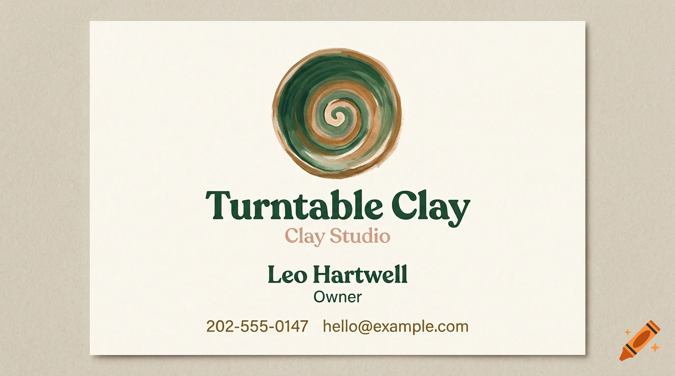 A business card for Turntable Clay featuring a painted ceramic bowl logo and contact details.