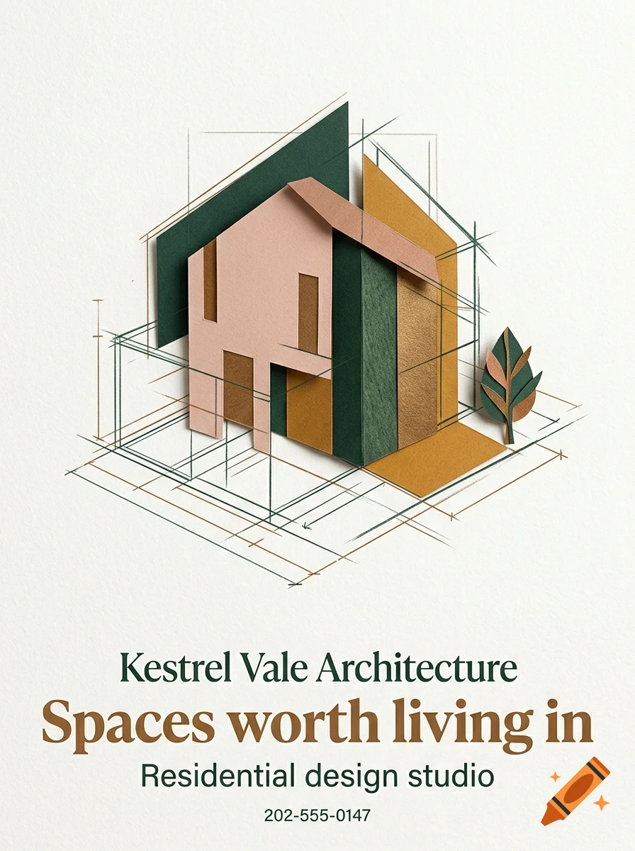 An architectural papercraft and line drawing illustration of a modern house with geometric shapes, accompanied by text Kestrel Vale Architecture.