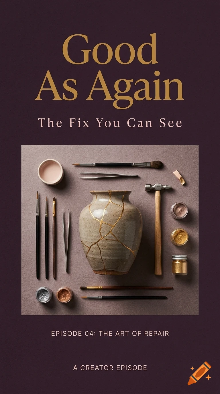 A poster with the text Good As Again, featuring a cracked ceramic vase surrounded by kintsugi repair tools, brushes, and gold paint against a purple background.
