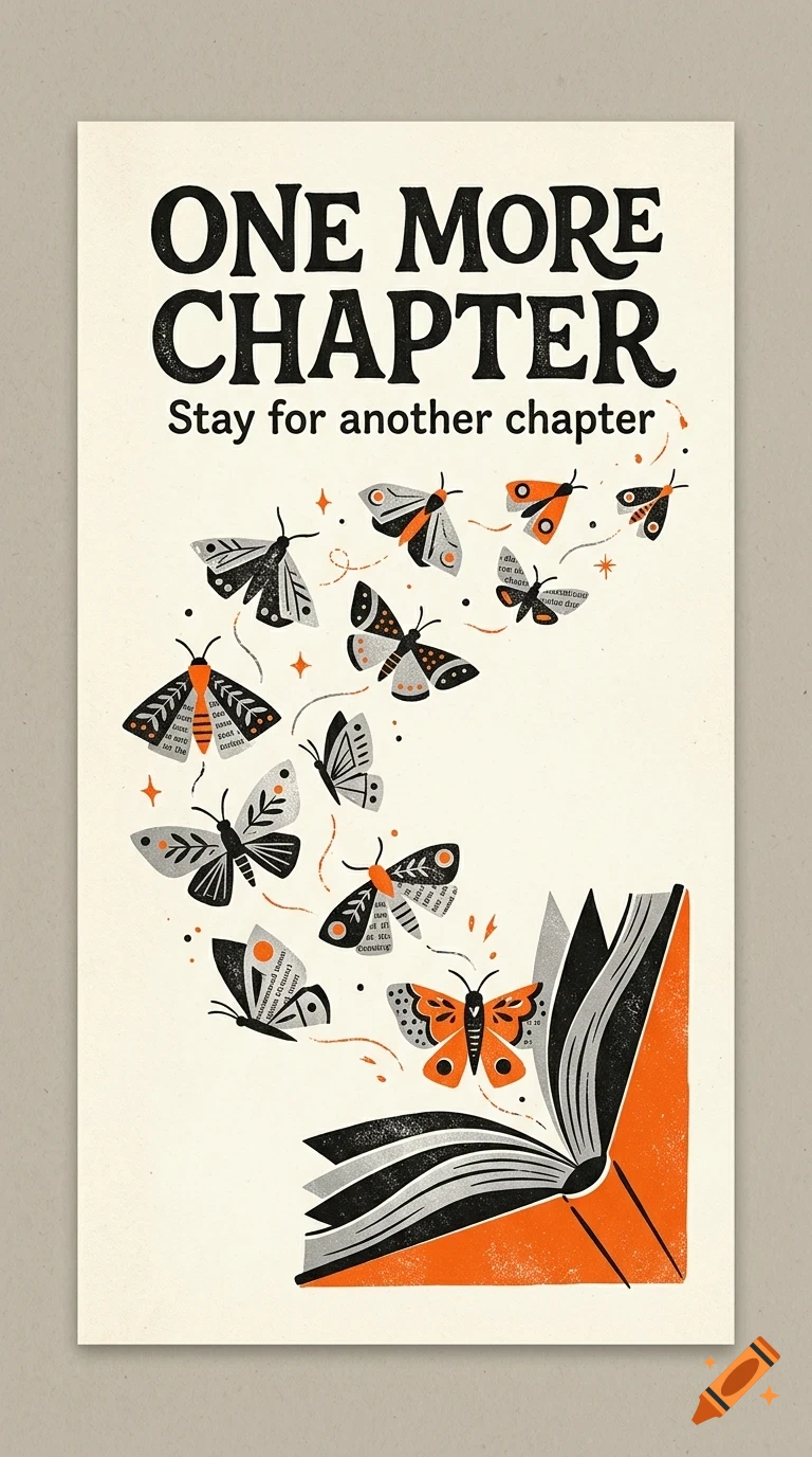 An illustration showing an open book with moths emerging from the pages, accompanied by the text ONE MORE CHAPTER and Stay for another chapter.