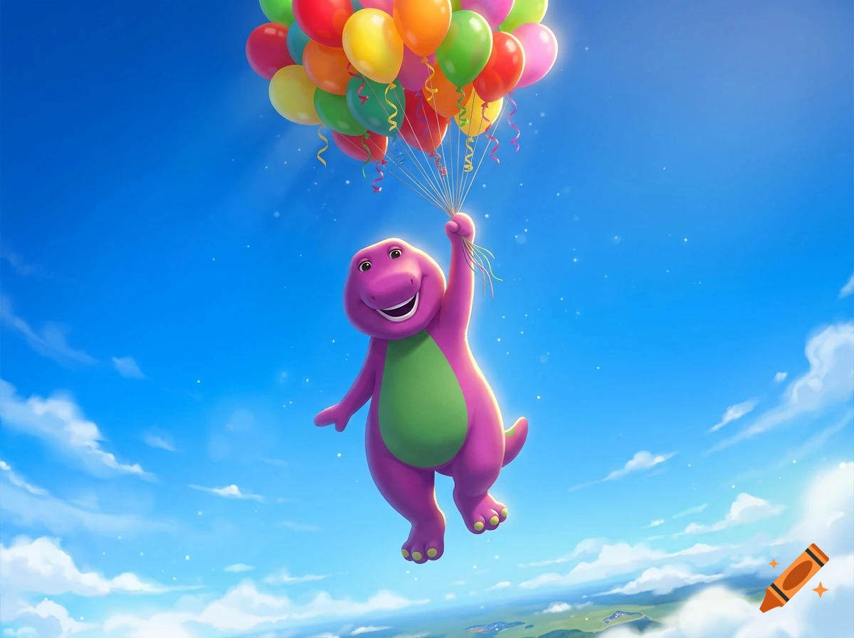 Barney the purple dinosaur floating in a bright blue sky holding a bunch of colorful balloons.