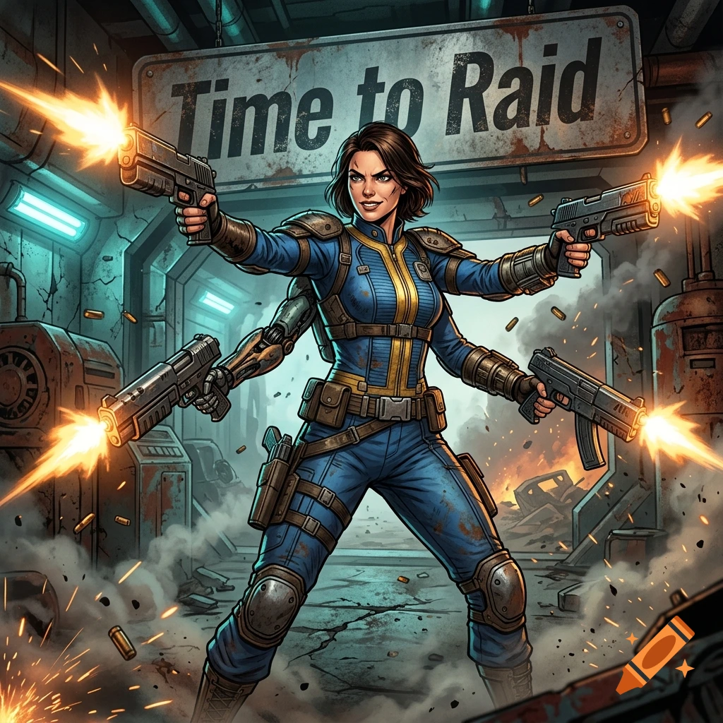 Comic book style illustration of a Fallout Vault girl with multiple arms firing four guns in front of a Time to Raid sign.