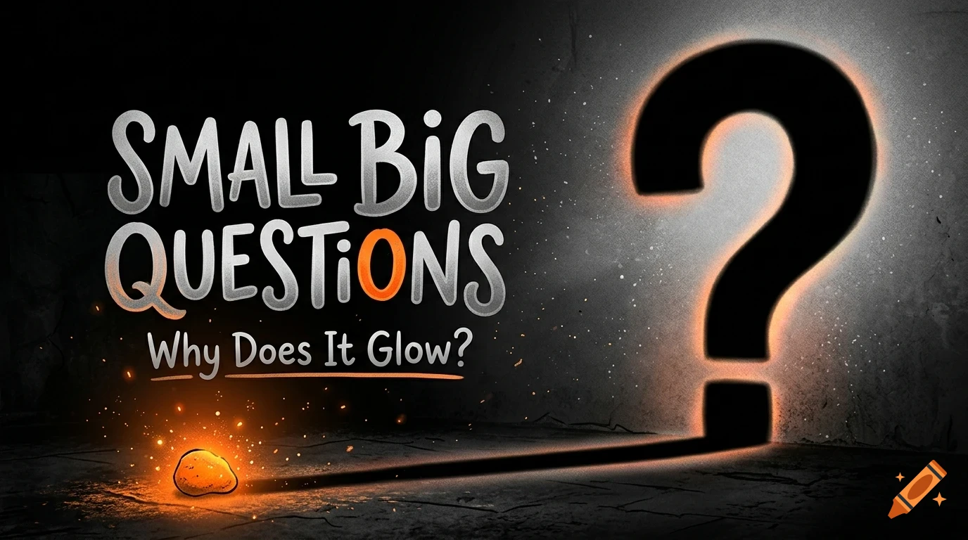 An illustration with the text Small Big Questions Why Does It Glow alongside a glowing stone and a large question mark.