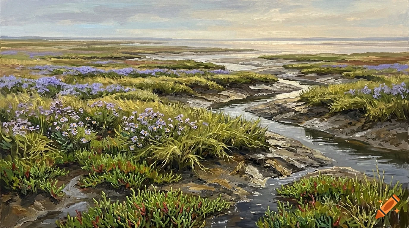An oil painting of a coastal marsh landscape with a winding stream, green grass, and clusters of purple flowers under a cloudy sky.