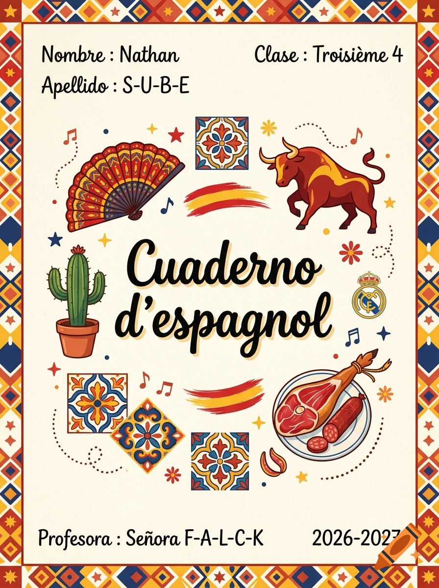 Illustrated Spanish notebook cover featuring a bull, fan, cactus, ham, and traditional Spanish tiles with text details.