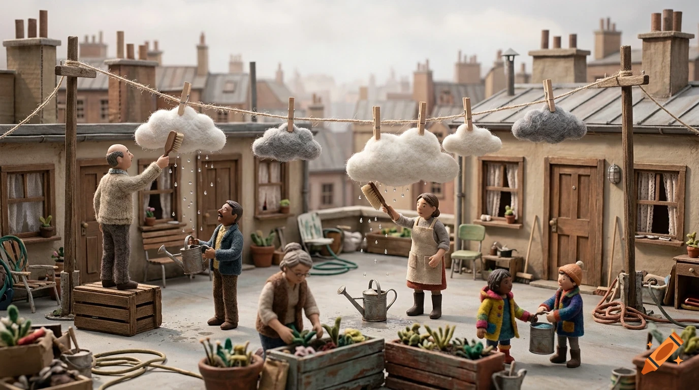 Miniature stop-motion style diorama of people on a rooftop washing and hanging cotton clouds on a clothesline, surrounded by buildings.
