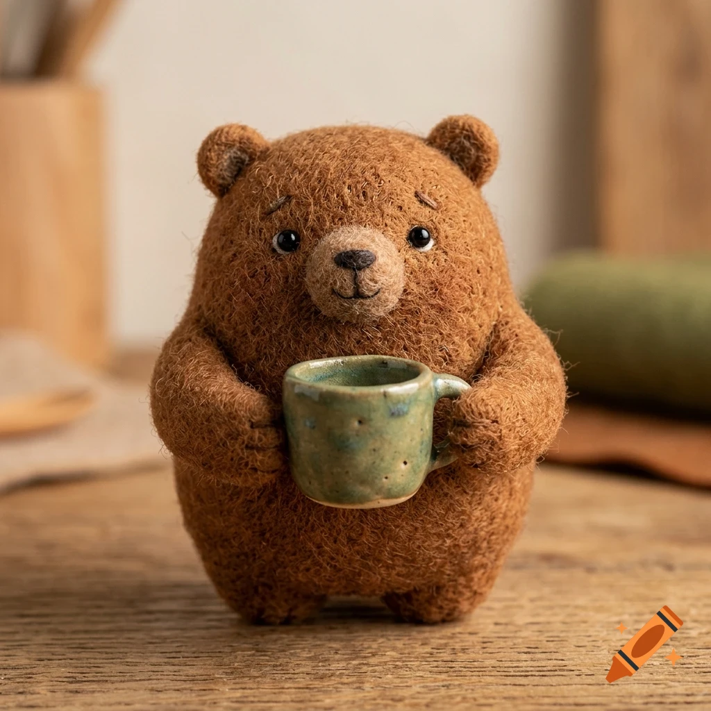 A small, needle-felted brown bear figurine holds a tiny green ceramic mug.