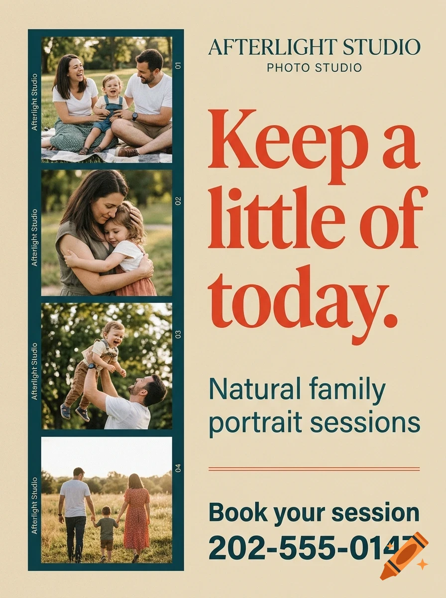 An advertisement for Afterlight Studio featuring four family portrait photos on the left and the text 'Keep a little of today' in large red letters.