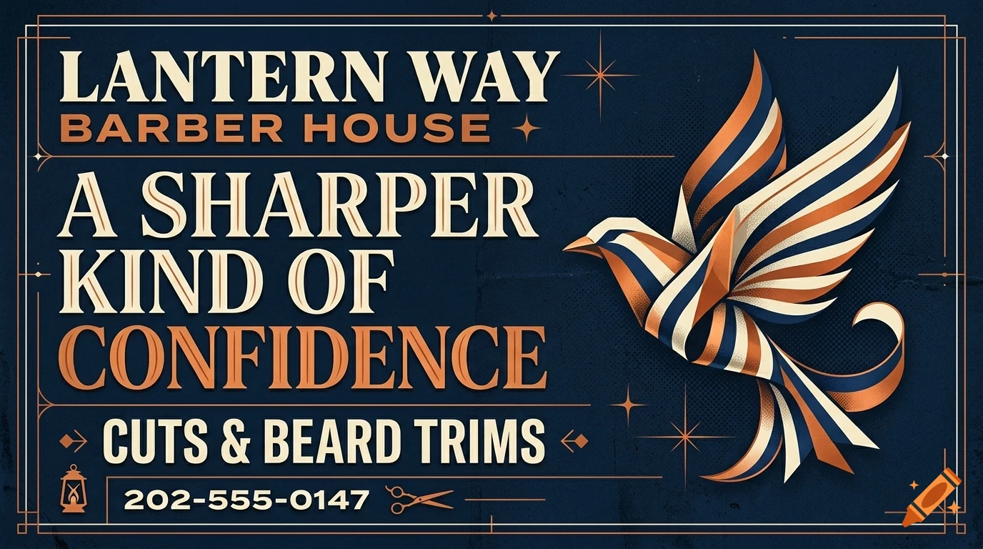 A dark blue promotional banner for Lantern Way Barber House featuring stylized lettering and an origami-style bird illustration in orange, cream, and blue.