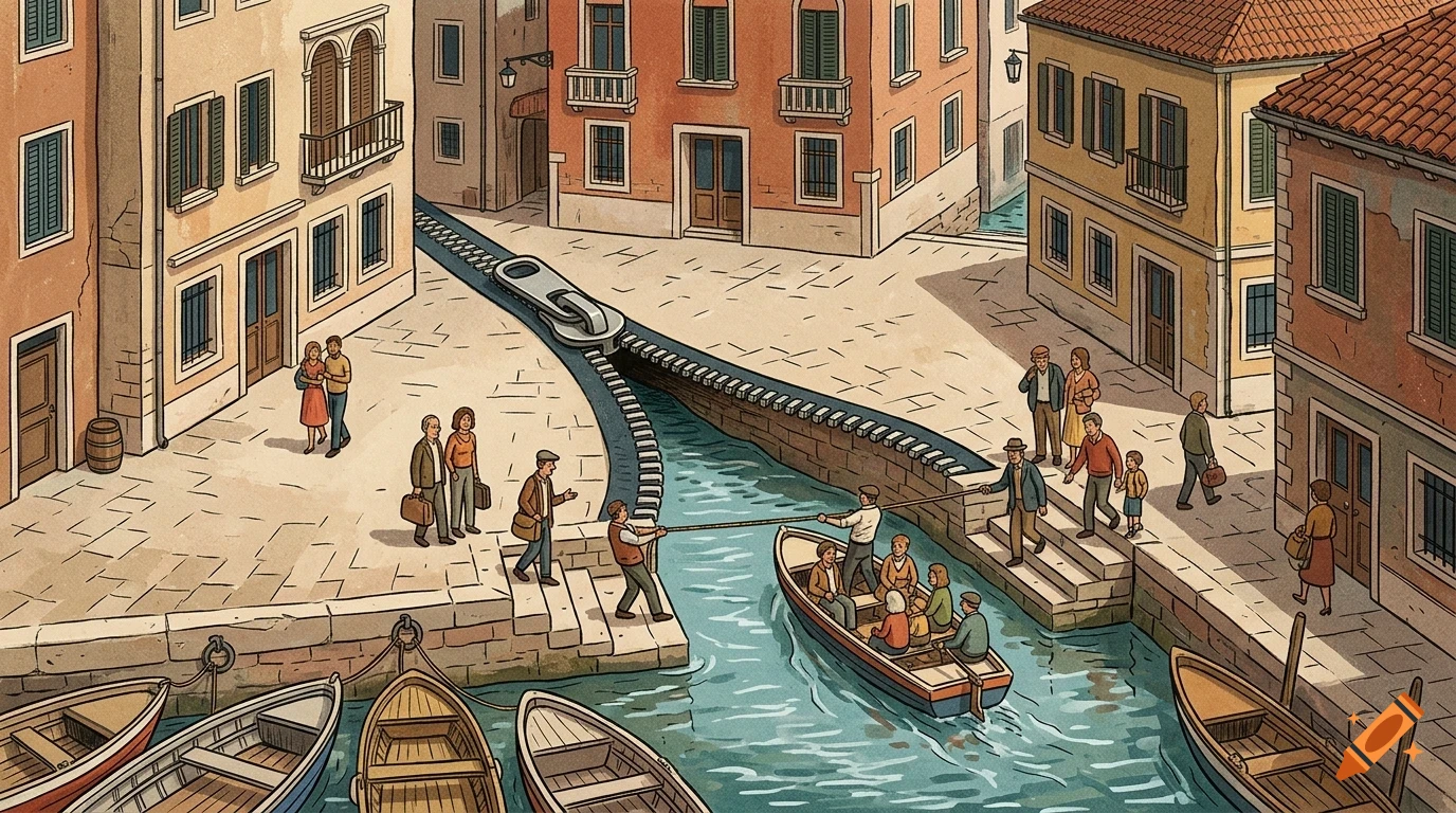 An illustration of a surreal Venetian canal scene where a giant zipper opens up the pavement to reveal water, with people walking and riding in a boat.