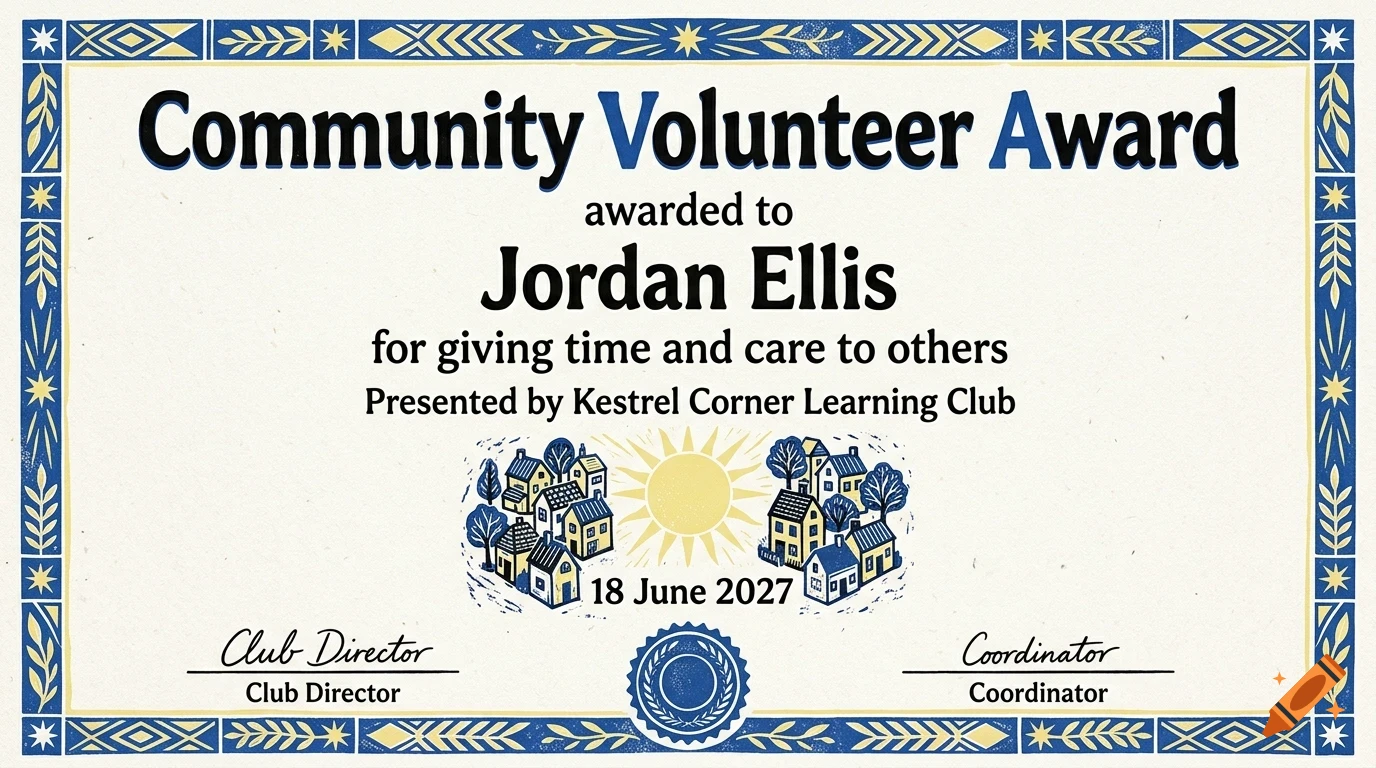 Community Volunteer Award certificate with blue and yellow decorative borders and small illustrations of houses.