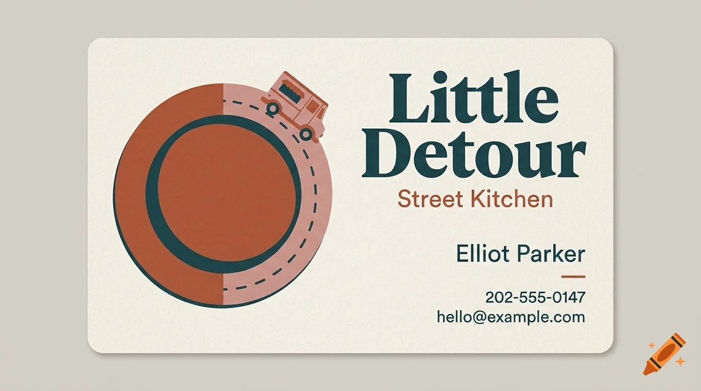 A business card with the text Little Detour Street Kitchen, Elliot Parker, a phone number, and an email address, alongside an illustration of a food truck on a circular road.