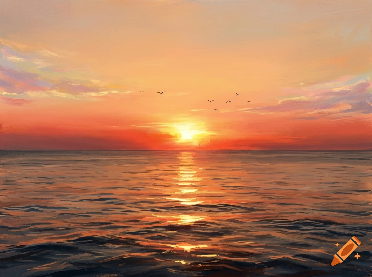 Digital painting of a vibrant orange sunset over calm ocean waves with a few birds flying in the distance.