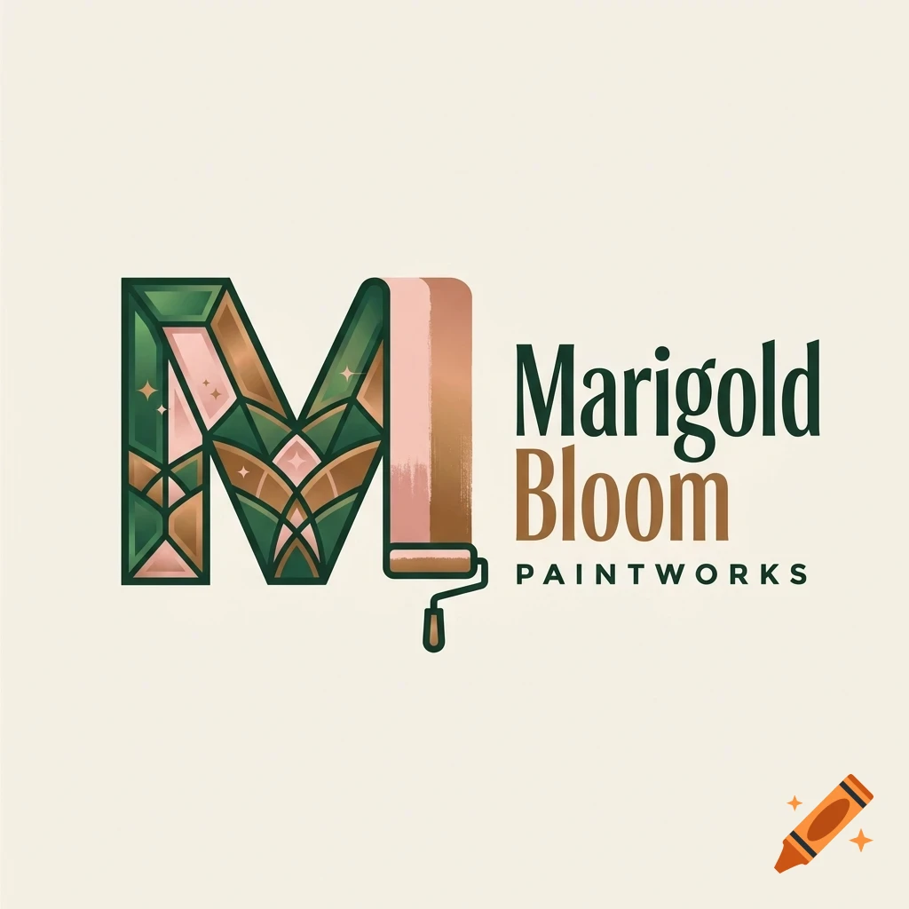 A logo design featuring a stylized letter M styled with a paint roller and the text Marigold Bloom Paintworks.