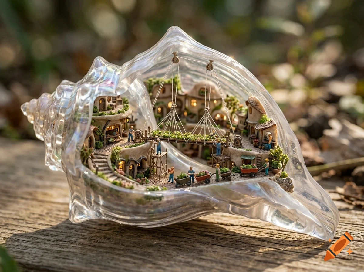 A miniature village built inside a translucent seashell, featuring tiny houses, a suspension bridge, and small figures at work.