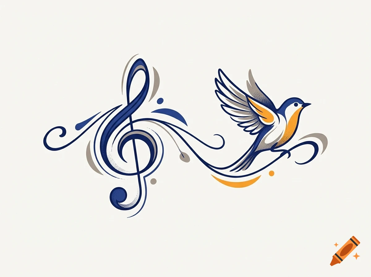 A stylized vector illustration of a blue and orange bird flying next to a treble clef intertwined with musical swirls.