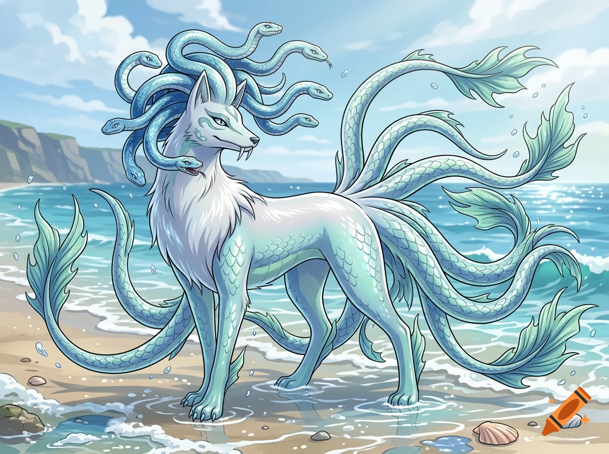 Anime style illustration of a water-type Alolan Ninetales with snake hair and tentacle-like tails standing on a sandy beach.