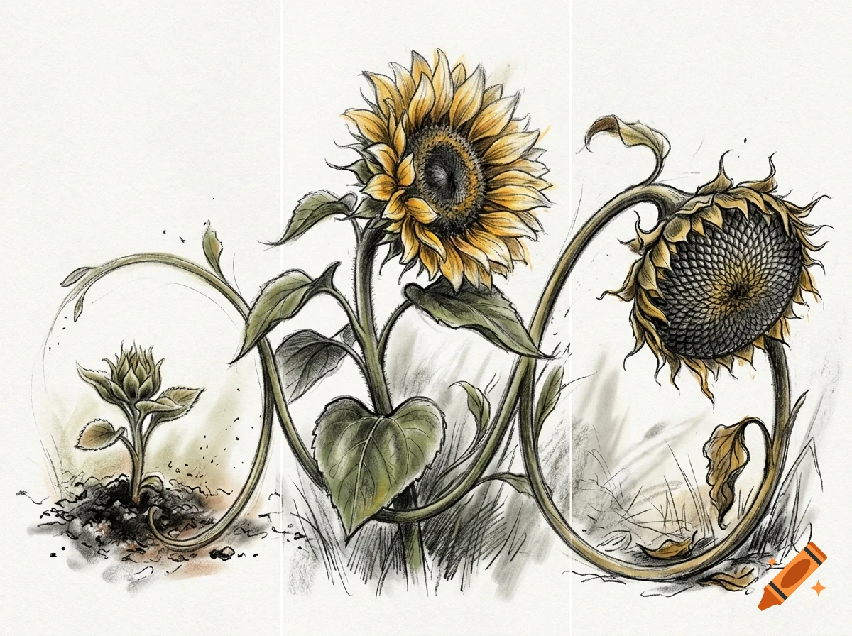 An ink and pencil drawing showing the lifecycle of a sunflower, from a small sprout to a blooming flower and finally a wilting seed head.