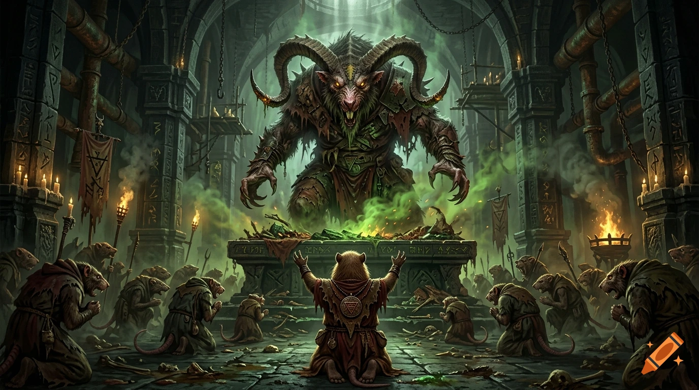 A capybara kneeling in worship before a giant horned rat deity in a dark fantasy subterranean temple filled with rat cultists.