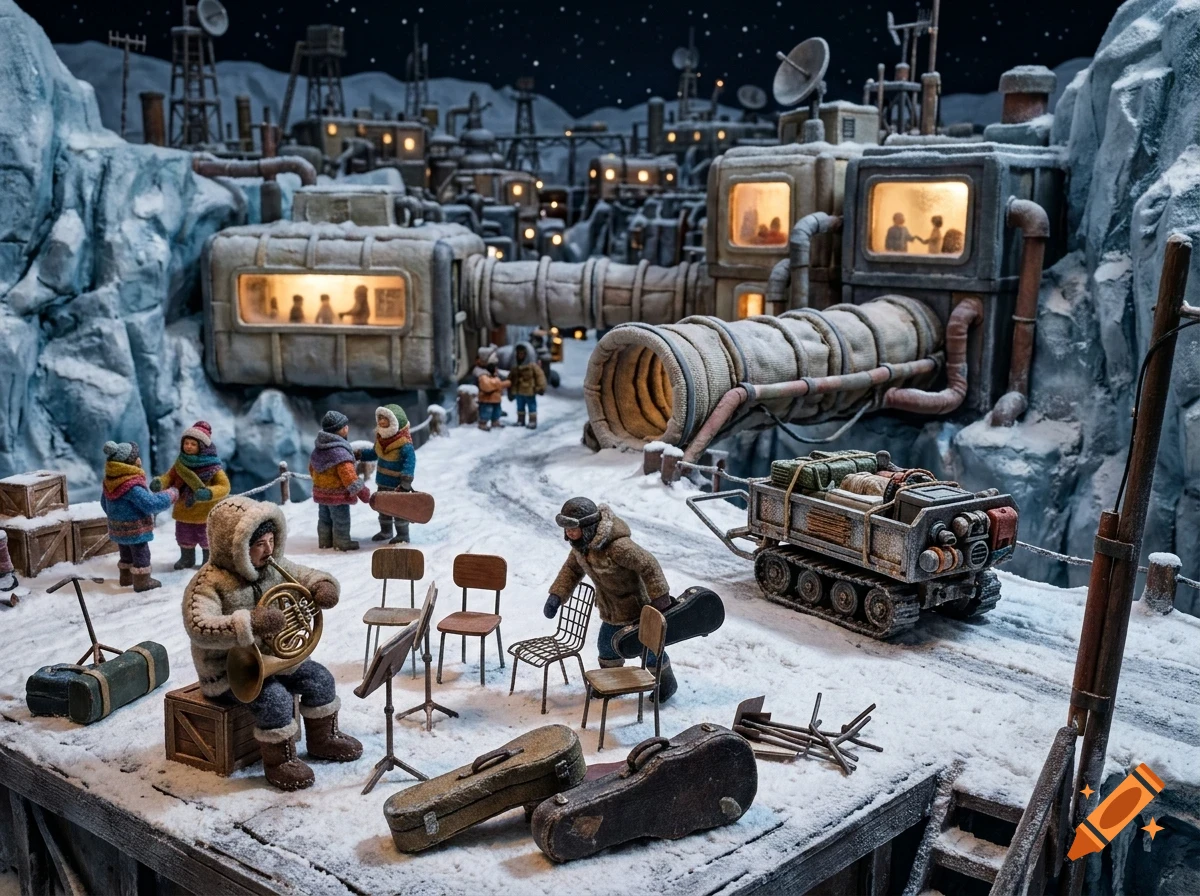 A miniature diorama of a snowy Arctic base with tiny figures, buildings, and a figure playing a French horn in the foreground.