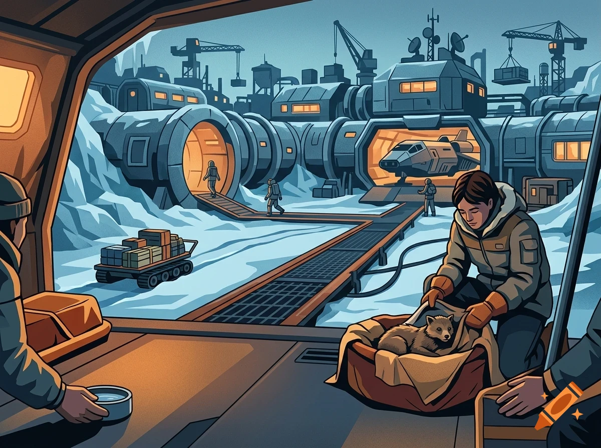 Illustration of people in a snowy research base with industrial buildings and a small animal in a blanket.