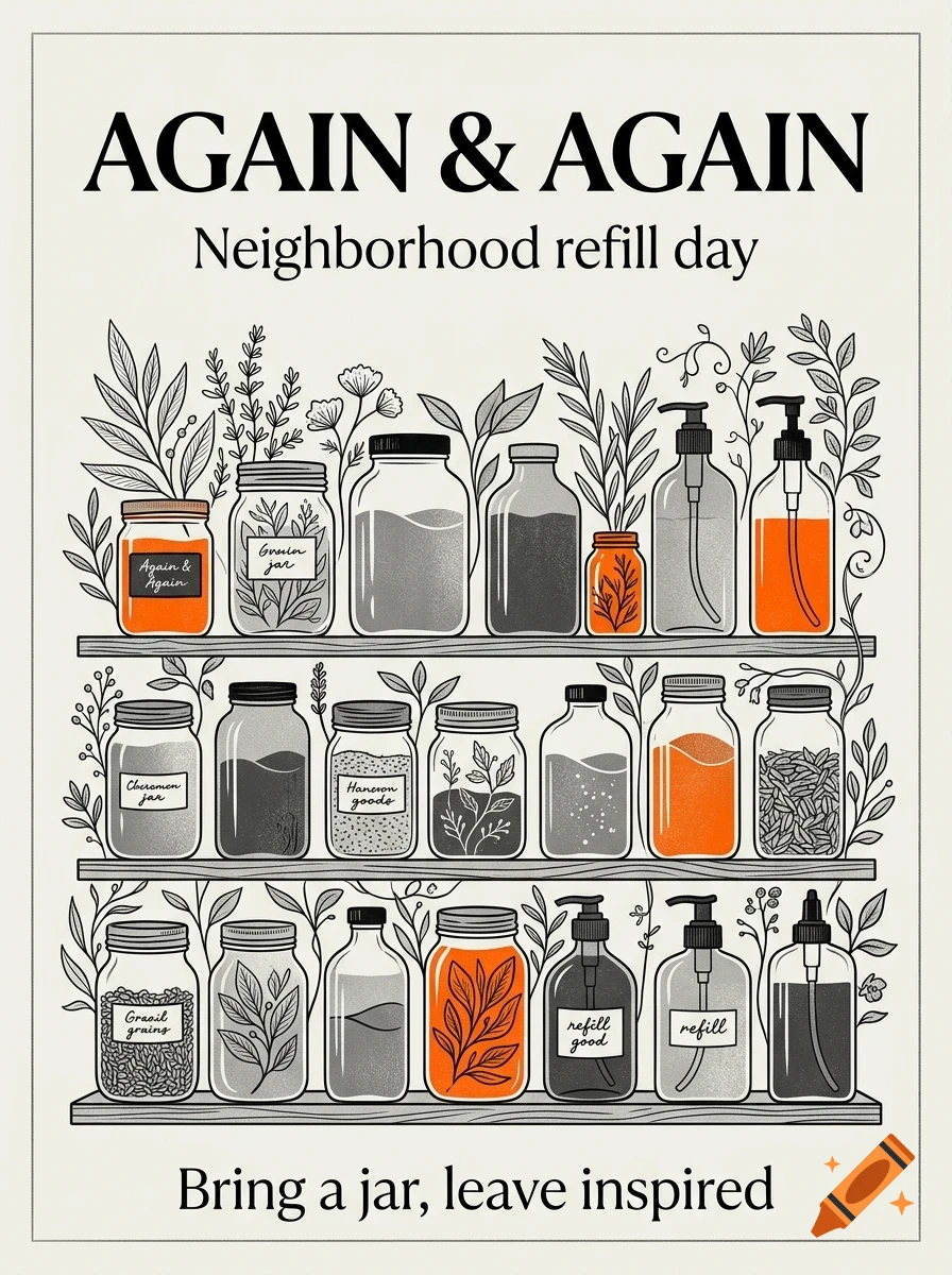 An illustrated poster advertising a neighborhood refill day, featuring shelves lined with various glass jars and bottles containing grains, liquids, and herbs.
