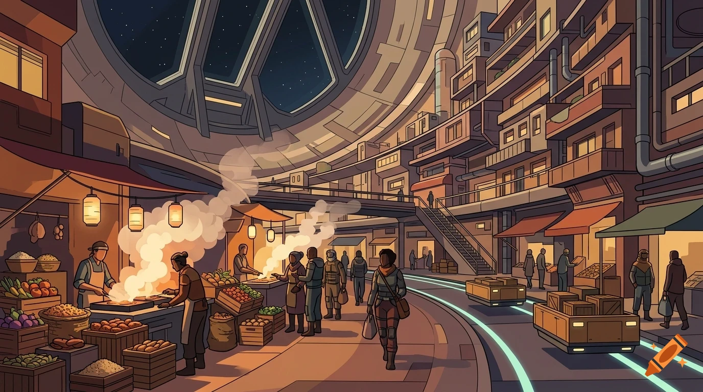 An illustrated futuristic indoor market street inside a large structure with a vaulted starry ceiling, people walking, and stalls selling food.