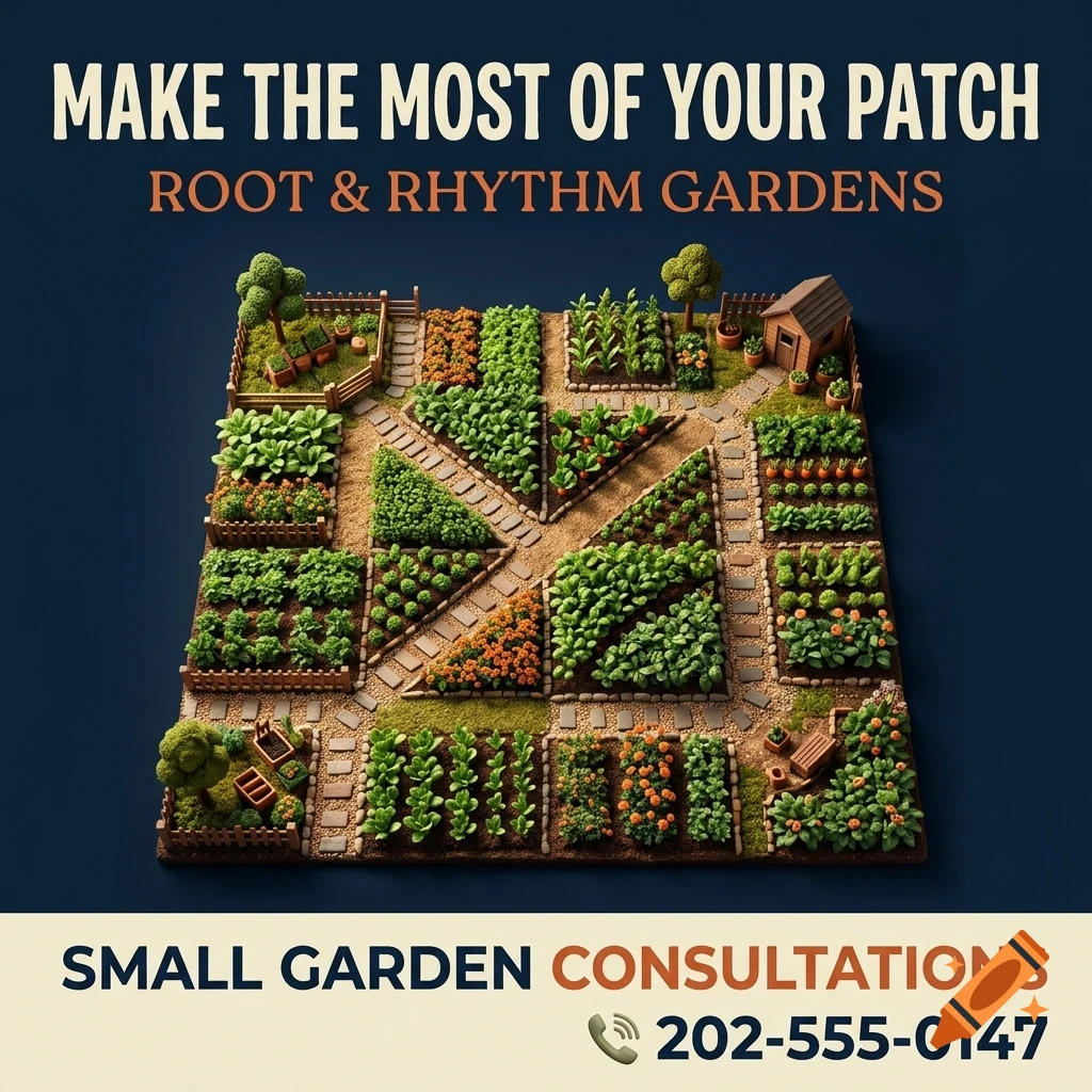 An aerial diorama of a neatly organized garden plot with various crops, paths, a small shed, and trees, accompanied by text.