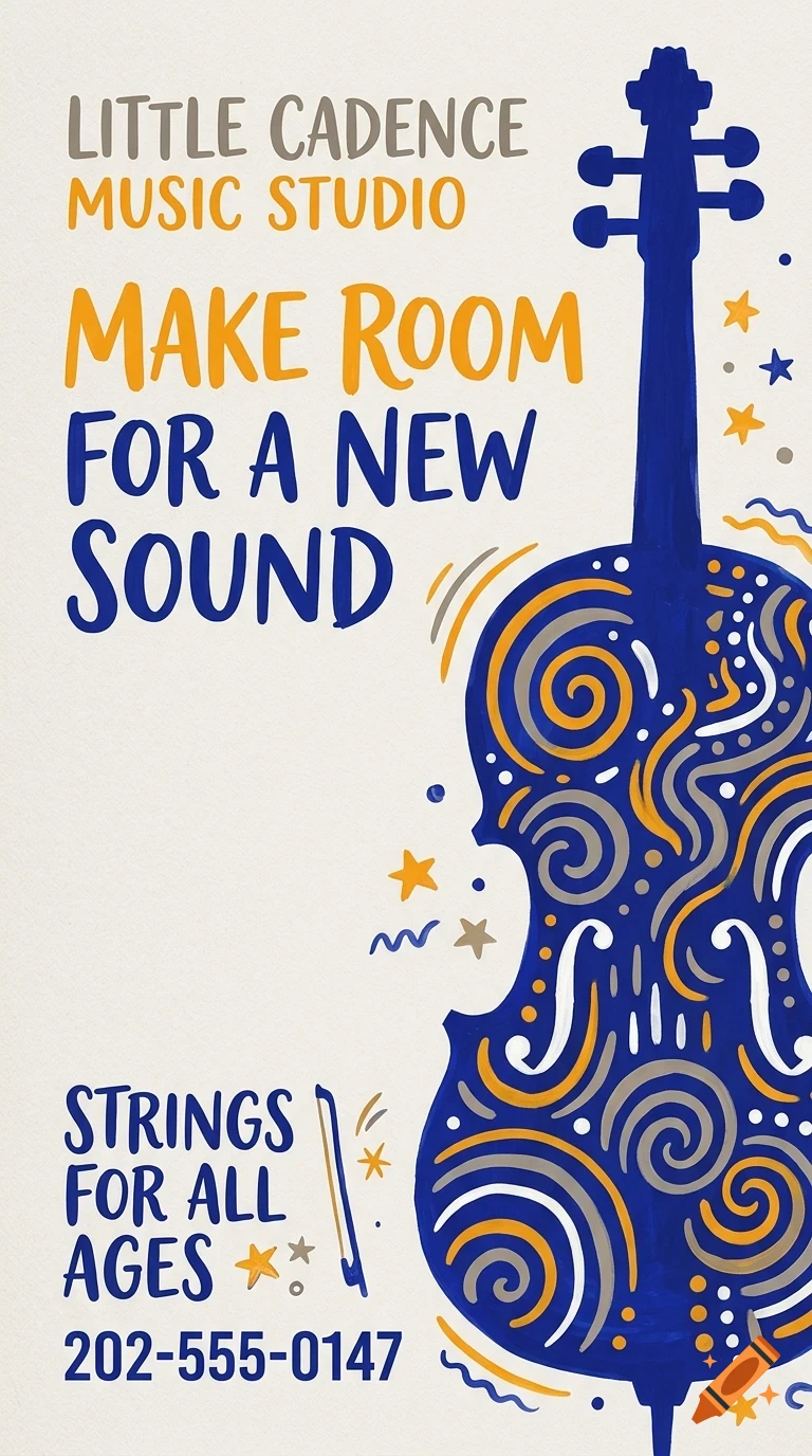 An illustration of a blue violin with decorative swirls, text, and stars on a light background.