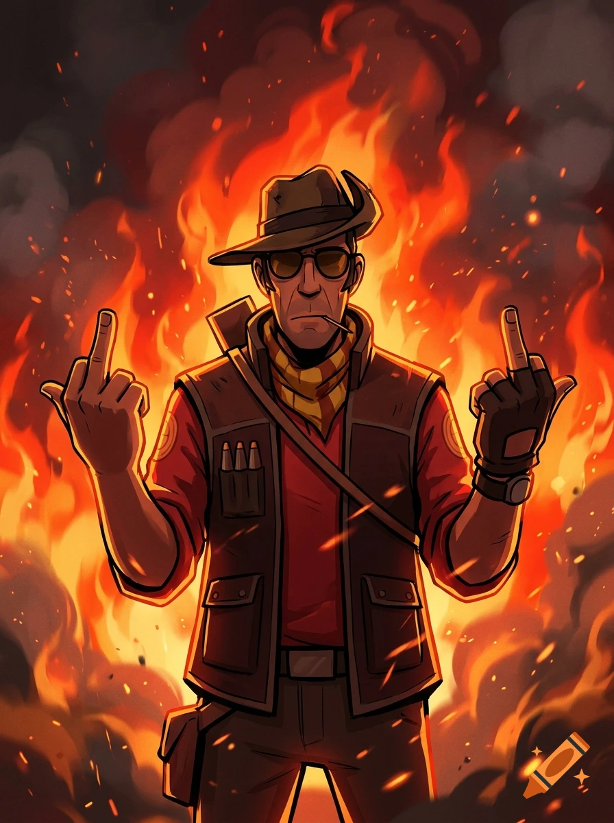 Digital illustration of the sniper from Team Fortress 2 giving the middle finger with a dramatic fire background.