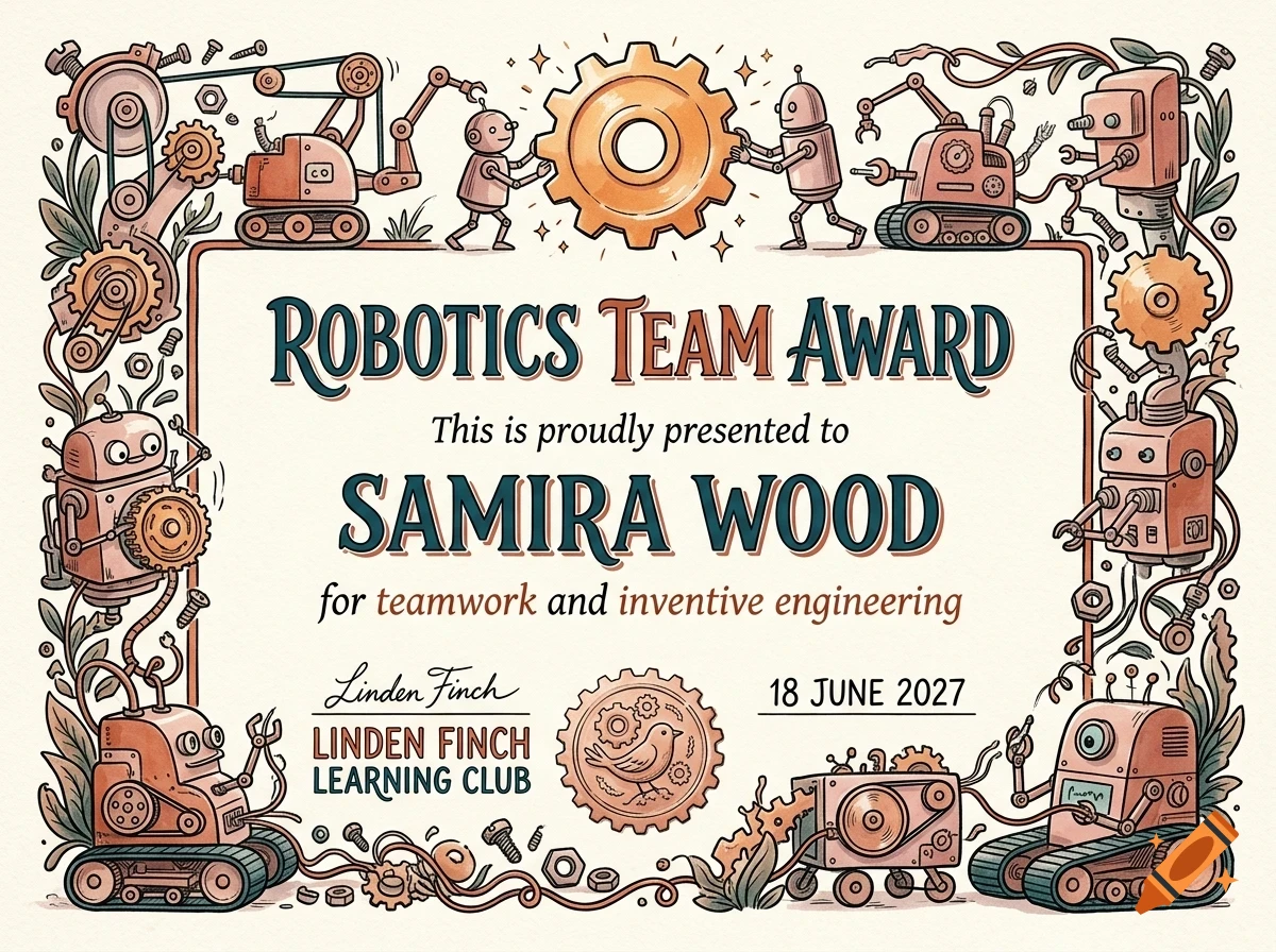 An illustrated award certificate featuring robots, gears, and machinery elements in the border framing the text Robotics Team Award.