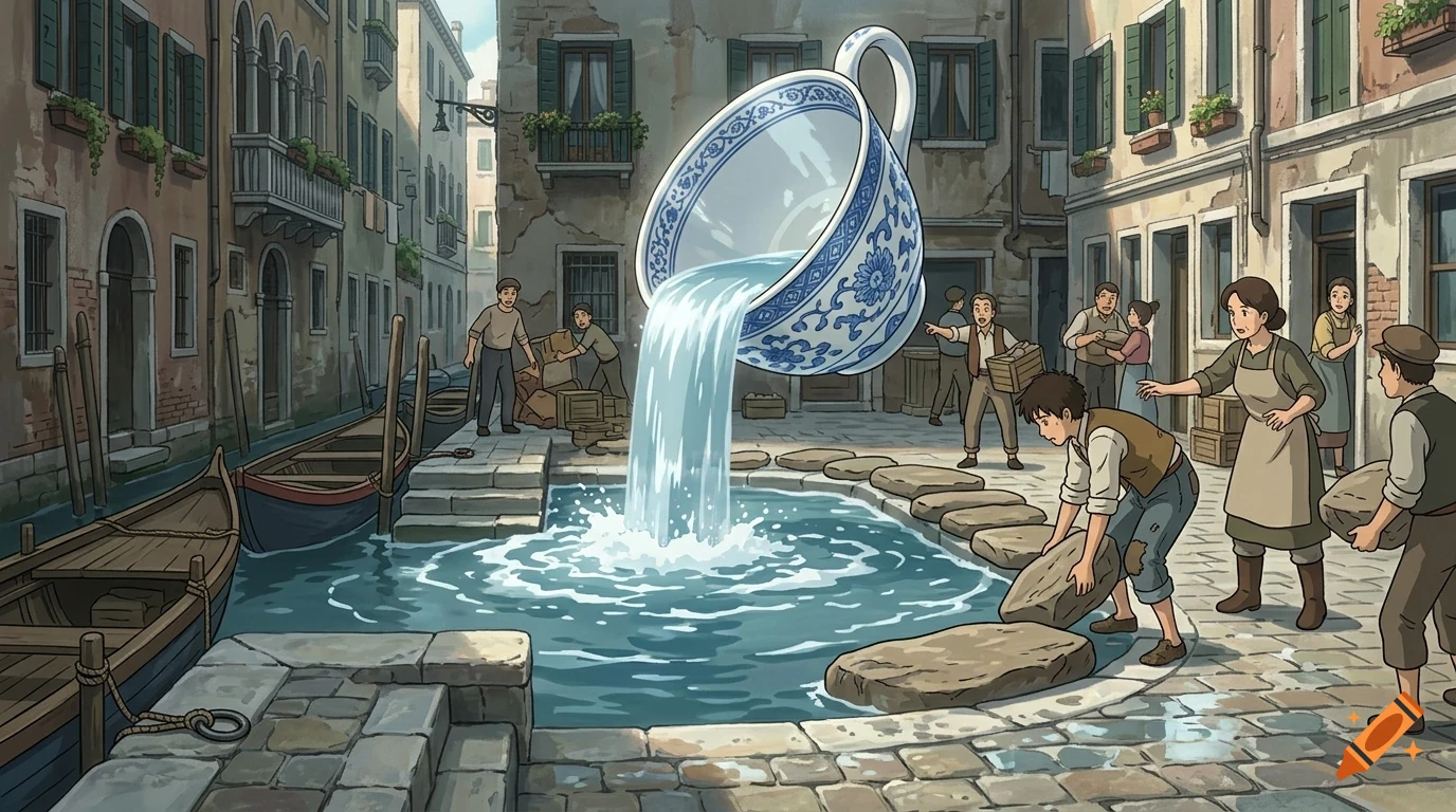 A giant porcelain teacup hovers over a canal square, pouring water into a pool while townspeople work and watch.