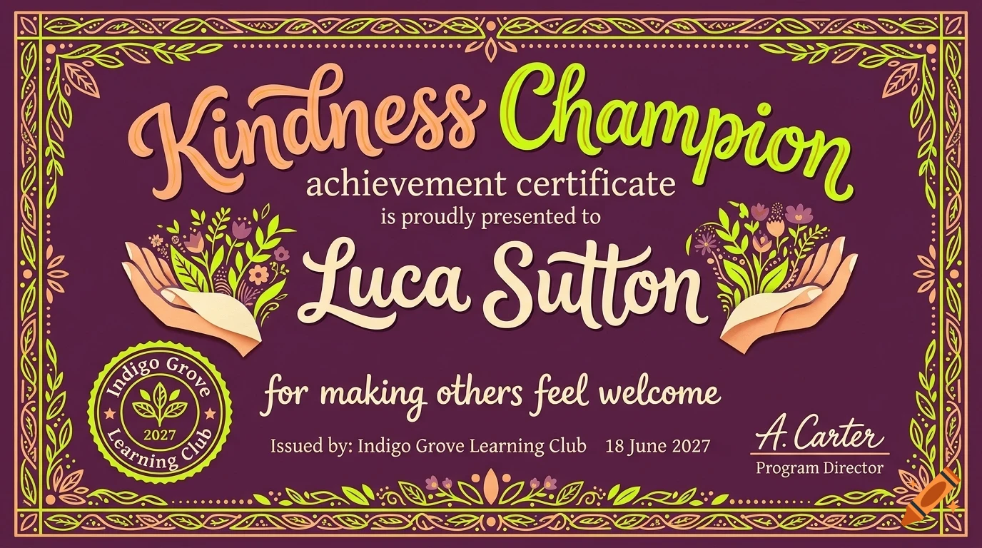 An achievement certificate with decorative borders and lettering stating Kindness Champion presented to Luca Sutton.