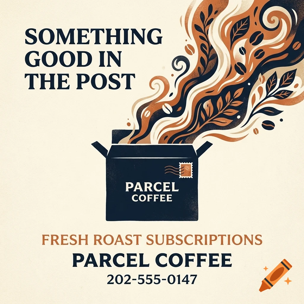 An illustrated advertisement for Parcel Coffee featuring an open box with swirling coffee beans, leaves, and steam, accompanied by text.