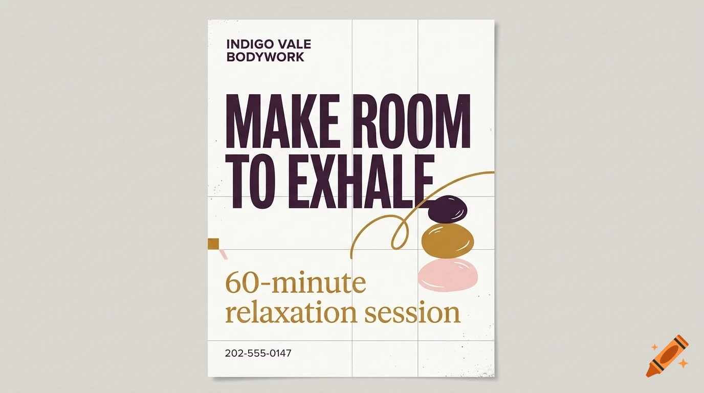 A poster design for Indigo Vale Bodywork featuring stacked smooth stones and text reading 'Make room to exhale'.