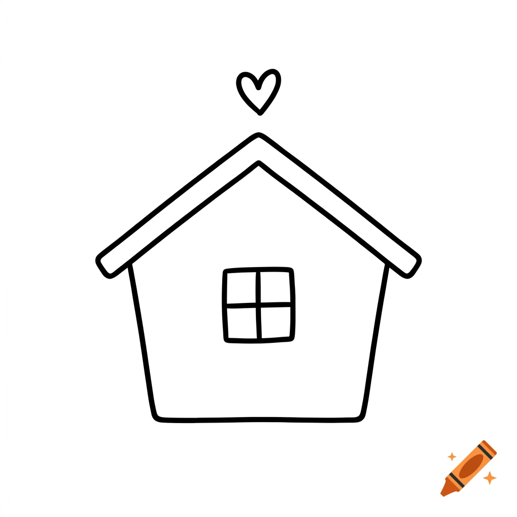 Simple black and white line drawing of a house with a window and a heart symbol above the roof.