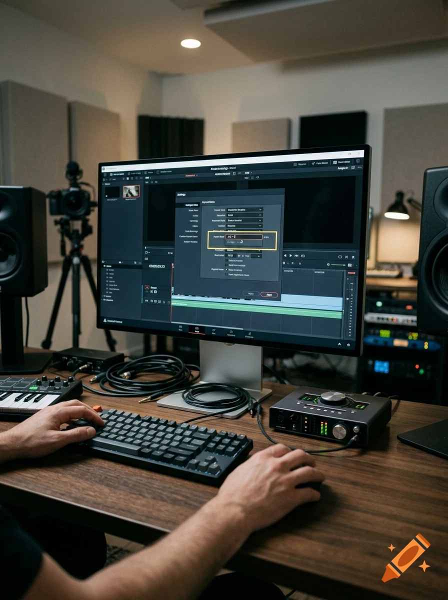 Close-up of a video editing suite interface on a large monitor, with hands on a keyboard and mouse in a studio.